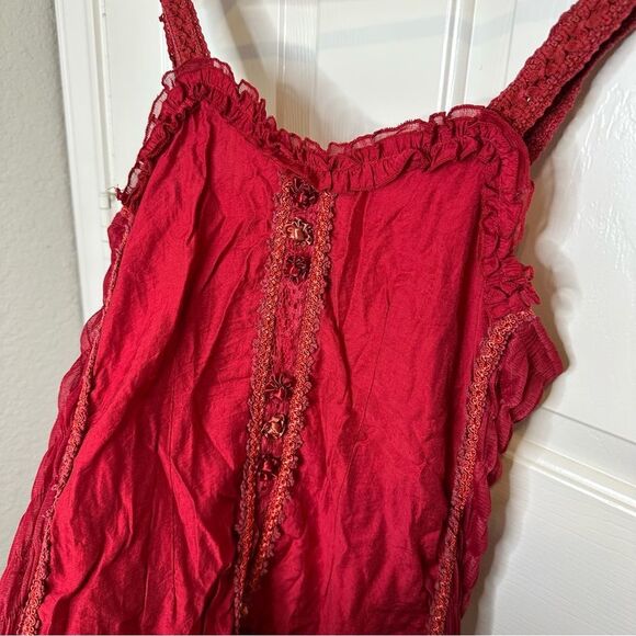 Pretty Angel Red Rosette Appliqué Floral Lace Linen Blend Tunic Mini Dress Sz M - Picture 2 of 11